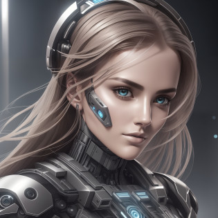 A female figure with a striking face, divided into two distinct parts. One side is human skin, with facial features such as expressive eyes, defined eyebrows, nose and lips. The other side is robotic, composed of metallic materials, geometric lines and a shiny surface. There may be visible technological details, such as gears, circuits, or lights. The woman looks directly at the camera, with a piercing and intense gaze. His expression can reveal a combination of determination, mystery, and perhaps a touch of vulnerability. The eyes can convey contradictory emotions such as curiosity and serenity, while the robotic face can convey a sense of distance or coldness. The lighting of the image can be dramatic, with a play of light and shadows that emphasizes the contrasts between the human and robotic elements of the face. There may be a direct light focusing on the woman's face, highlighting her facial features and creating a certain glow in the metallic details.  The background of the image can be cyberpunk, keeping the main focus on the woman, allowing the woman's face to be the central point. The image can convey a futuristic atmosphere, combining elements of advanced technology with human presence. There may be a slight touch of mystery or tension in the air, evoking questions about the nature of existence and the place of humans in an increasingly automated world. : The image can depict a smooth, metallic surface on the robotic side of the face, with a cool appearance to the touch. On the other hand, the human side of the face can have the smooth, warm texture of the skin, with subtle frown lines or visible pores. This contrasting of textures can add visual depth to the image. --auto --s2
