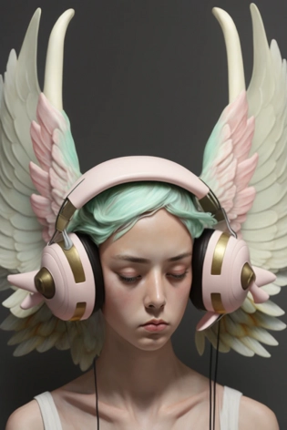 a close up of a person with winged headphones, surreal sculpture, pastel colors, by jeonseok lee, photorealism, modernist headphones, korean audrey hepburn automata, 2020 fashion, game characters headphone designs, full body and head view, sascha schneider, animal style head, realistic cartoon, airbrushed, mind bending, hybrid human/tank, hairband --ar 2:3 --q 2