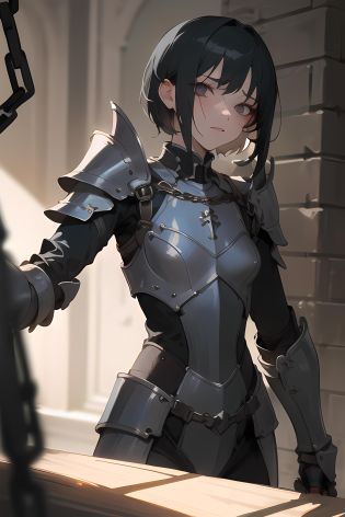 (masterpiece, best quality), 1 girl is prisionar and chained, wearing a damage armor, beautiful face, black short hair, hurt, sexy image, dungeon