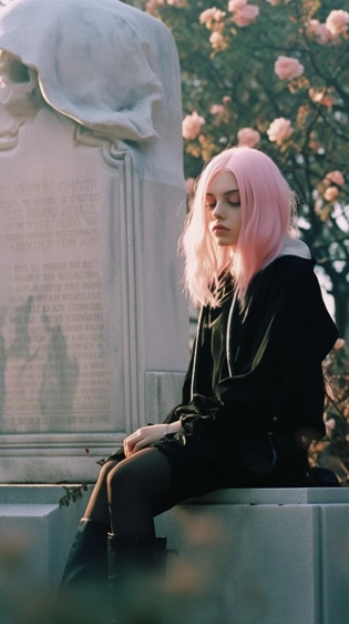 black metal inspired pastel goth with a focus on pale pink sitting on a tombstone, intense direct sunlight is hitting her face from the side::4. 5, kodak portra 800 and poleroid photo::3 --ar 9:16 --v 5. 1