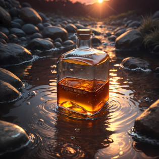 Bottle of whiskey on stone by a stream with a glass of whiskey with ice on the side in the foreground. In the creek, in the background, blurred, a red-haired woman comes out of the water. wet, with long wet hair moving, causing a shower of golden splashes by the light of a beautiful sunset with setting sun. The light from this sun illuminates the bottle from behind increasing the effect on the liquid in the bottle. --auto --s2