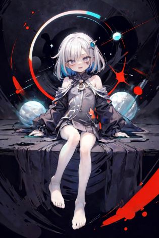 (flat color:1.3),(colorful:1.3),(masterpiece:1.2), best quality, masterpiece, original, extremely detailed wallpaper, mature, looking at viewer,1girl,solo, illustration, abstract background, silver hair, long eyelashes, colored eyelashes, (sharp eyes:1), multicolored background, light rays, hair ornament, kareido \(kaleidoscope\), full body, sitting, (glowing), stars, planets, <lora:LunarPunkAI:1>  <lora:add_detail:0.7>