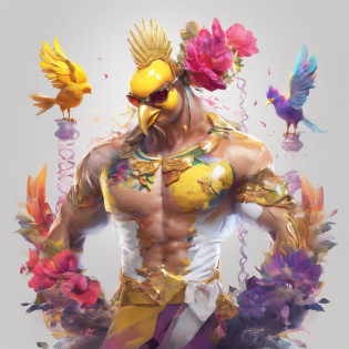 body builder?Only the head is a chicken human?colourfull?Perfect alignment, body builder?Chickens only the head?Crystal Vase?Rose flower, Wearing sunglasses, cheerfulness, Standing position, Abstract beauty, Centered, Looking at the camera, Facing the camera, Approaching perfection, Dynamic, Highly detailed, Smooth, Sharp Focus, 8K, hight resolution, Illustration, art by carne griffiths and wadim kashin, White background?Kitchen car?body builder?Man with a chicken head?Create a captivating photoshoot featuring Chicken Man, Wear a magnificent tanjak as a traditional headpiece. A majestic head places a chicken human on an enchanting grand throne, Castle in Another World. Use creative editing techniques?Head blends chicken human and luxurious settings seamlessly, Elevate the overall atmosphere with subtle magic and ethereal elements. This piece should evoke a strong sense of awe, power, and Enchanted, Head dressed in glittering yellow costume?Invites viewers into an enchanting and mythical world ruled by a human chicken king