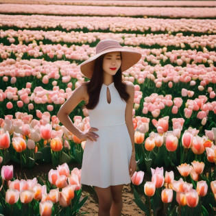 There is a beautiful Chinese woman standing in a field of tulips with a sun hat and wearing a white halter dress, longos cabelos castanhos ondulados, wearing sunglasses, alto e magro, Beautiful, sorriso sutil, Standing in the field of tulips, standing in a flower field, Woman standing in tulip field, girl standing in a flower field, standing in a field with flowers, menina em um campo de flores, com campos de flores em primeiro plano, em um campo de flores, campos de flores, girl standing in flower field@VladyPolansky