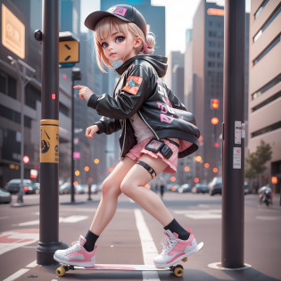 A little girl, skateboarding, double cocked, with a visor, cyberpunk style