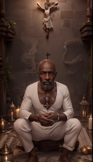 Crie uma imagem hiper realista de um homem velho afrodescendente, 80 anos, olhos brilhantes, cansados e triste, pele negra, cabelos crespo branco, roupa branca , seed paste around the neck. The decoration should be old brick wall with a crucifix, with candlelight lighting. Several candles lit on the floor, with a lot of smoke in an intimate and religious environment. Use a Sony A7 III camera with an 85mm lens at an aperture setting of F 1.2 para desfocar o fundo.  Richness in the features of the face, boca e olhos. Crie uma imagem ultrarrealista que captura a beleza natural e a personalidade, dramatic lighting, ..........................3d, VFX, 9:16 cinematic lighting, Estilo Phock, Estilo UltraVector, hyper realistic, cinemactic, Ultra High Definition, HDR, cinemactic, Realistic, precision detailed (moldura para foto) cintura), imagem central, Estilo, bioluminescente, tamanho real 8, 8K resolution