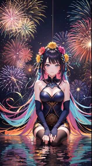 High resolution, high image quality, (maximalism: 1.8) portrait, 1 girl, thank you, bowing your head, flower dance, petal fireworks, diffuse reflection light, 2D illustration, asking figure, full body, 9th figure, sitting upright, geometric pattern,