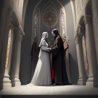 Recreate the paintings of the Sistine chapel with angels and demons, with frightening figures, with blasphemophes, with phrases about religious freedom written in English and Italian with blood, drawings of satanic nuns on the walls, Gothic-style church with colorful stained glass windows, ornaments scowled in gold and black gold, red candles in black candlesticks plastered by the chapel, luxurious style,  religious and satanic, panorama from all sides of the chapel, images and Satan with red skin and horns in the aredes, black and white checkered floor, Satanist crosses and symbols by the church, in the middle of the image a narrow altar, in front of the altar, standing, in front position, a diabolical nun wearing latex, next to the nun an angel with white wings and blonde with a long sword in her hand,  Also standing, in front position, image with excellent lighting, 4K image, excellent image quality, professional photography