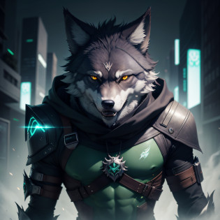 there is a drawing of a wolf with glowing eyes and a green glow, a picture by Daarken, deviantart contest winner, furry art, fenrir, fantasy wolf portrait, black wolf, blue wolf, wolf, great wolf, grim - wolf, alpha wolf head, furry wolf, anthropomorphic wolf, an anthropomorphic wolf, anthro wolf face cyberpunk