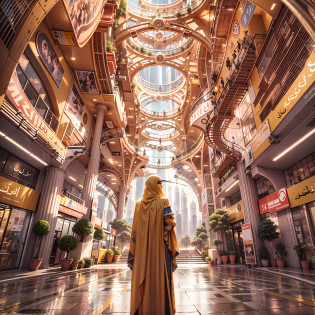 Enter a fascinating vision of the future through captivating futuristic imagery of the city of Dubai. The towering giant skyscraper is decorated with gold ornaments and a smooth glass curtain wall?pierce the sky, The vibrant lights of the city that never sleeps. In the midst of a bustling cityscape, An iconic giant pyramid-style high-tech building, Its architectural marvels are enhanced in a futuristic style. When the hovercar glides easily through the air?The city is full of life?Full of life??Full of life??Full of life??Full of life??Full of life??Full of life??Full of life??Full of life??Full of life??Full of life??Full of wealth??Full of luxury??Full of technology??, State-of-the-art technology blends seamlessly with traditional Arabian luxury urban structures. This stunning work of art, Wear a gorgeous Arabic burqa?Arabian beauty covered in a golden veil?Standing on Balcony?Watch the magnificent city use Pixai to bring powerful AI models to life, Show the limitless creativity and possibilities of our imagination. Experience the future of the cityscape at Pixai?Immerse yourself in a visionary world of art