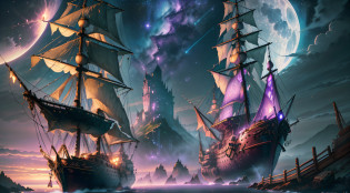 Computer VisualizationGraphics, realistic fantasy, Extensive landscape ultra photography (general view, Shows a huge wooden sailing ship, with deck, 4 Decks, Stern, Hold, + Lots of sails, + Bow, + tanks, + Stern, + ??.!ut + deck
Horizontal Platform - Deck, fullmoon, nigh sky, Blurred background, Warm, yellow, Purple background, Pink, Warm, Magic, 