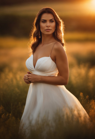mulher morena semi-nua, cintura finda, campo florido, sensual, costas, entardecer, studio lighting, fotorealistica, pomar gigantesco com grama exuberante,