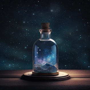 glass bottle sitting on top of a table| a photorealistic painting| pexels| conceptual art| stars and galaxies| highly detailed perfect render| light effect| modern fantasy| glittering multiversal ornaments| universe in a grain of sand| photo manipulation| beautiful composition --v 5