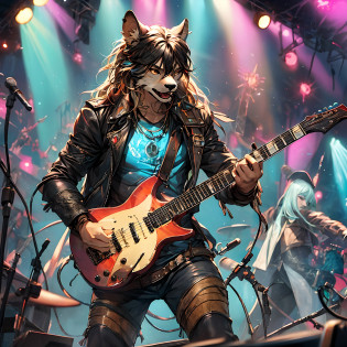 Countless award-winning masterpieces of the best quality, highest resolution, official fine art, and trend at the Art Station, on a flashing stage where intense lights cast a dazzling light. Behind the stage was a huge guitar sculpture,







Taking center stage was an enthusiastic Rock dog, who towered over the top, wearing a glittering necklace and a cool cyberpunk red leather jacket that framed his muscular physique. Every detail of the body is vividly restored, and the guitar's light shines on the stage,





Rock Dog stand, legs apart, muscles tense, cold bend knees. Hands up, though no one sees,





This Rock dog has an electric blue guitar in his mouth. He opened his lips,







A long haired Rock dog dances to the beat of the music, forming a black waterfall that adds to the atmosphere of the theater.







Behind the picture, a huge guitar sculpture, above the holographic letters hanging above the stage 