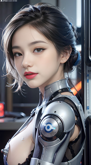 Complex 3d rendering very detailed beautiful porcelain silhouette asian woman, robot face, clear glass heavy armor, glowing white band, blue hair, blue eyes, cyborg, robot parts, robotic arm, robotic leg, mechanical joint, look at the viewer, 150mm, soft light, edge light, vibrant details, luxurious cyberpunk, lace, surrealism, anatomy, facial muscles, tight fit, cable wire, microchip, elegant, beautiful background, octane rendering, best quality, masterpiece, Illustration, extremely refined and beautiful, very detailed, CG, unified, wallpaper, (realistic, realistic: 1.37), fine details, masterpiece, best quality, official art, very detailed CG unified 8k wallpaper, full body, grin, battle, big tits, futuristic city, outdoors, daylight, clear sky. Tightens the figure with purple eyeliner at 75 corners