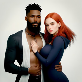 Couple hugging, mulher branca, 1.60m de altura, red hair, esguio, seios amplos, cintura estreita, Man, 1.80m de altura, romantic with an African beard, He kind of got a message like 'here, olhar, um cara negro,' when I mentioned 'romantic,