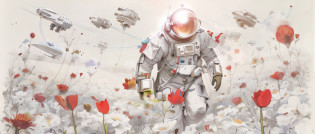 Illustration of a man in a space suit walking through a field of flowers, sci - fi illustrations, sci-fi illustrations, arte sci-fi detalhada, sci - fi illustration, sci-fi illustration, Sci-Fi Digital Art Illustration, arte scifi premiada, muitas flores mech, Sci - Arte Fi, arte sci-fi, Directed by: Adam Marczy?ski