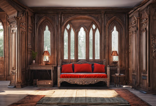 Astor piece, modest bed
Medieval European, wooden room like in an RPG