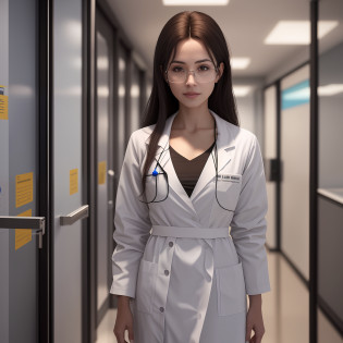 arafed woman in a white coat standing in a hallway, wearing lab coat and a blouse, doctor, realistic cosplay, wearing a lab coat, Wearing a lab coat, With a lab coat, wearing a white lab coat, ai researcher, (doctor), the doctor, wearing lab coat and glasses, wearing a lab coat, hyper realistic sci fi realistic