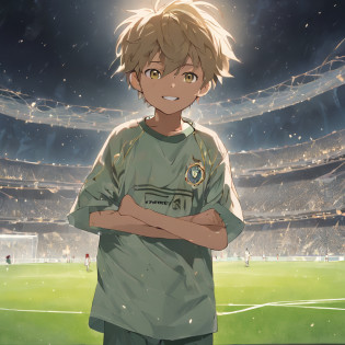 (fundo com um estadio de futebol), (a very happy child being a football player) (a very happy man being a football coach) (The fans in the stadium) (The team they play for is green)