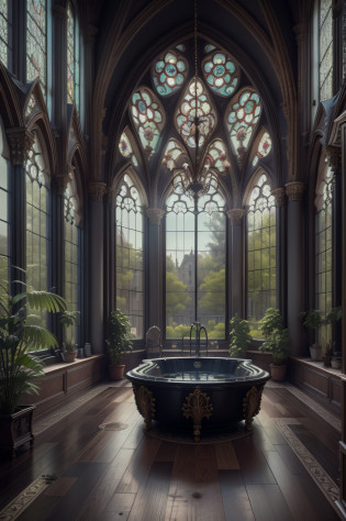 Front view of Arafed Room with a pool and a large window overlooking an orchard, Gothic interior, Gothic Revival, Gothic building style, Inspiring Gothic architecture, Gothic Mansion, Gothic mansion bedroom, Gothic aesthetic, Gothic style, exquisite architecture, Influence gothic, gothic architecture, neo-gothic concept, inside epic gothic mansion, sinister gothic aesthetic, black windows, many large windows, stunning gothic architecture. Symmetry. Natural light, cinematics, global lighting. Canon EO 6 50mm prime lens, ISO 200, f/1.8. Masterpiece, best quality, sharp focus, intricate, ultra-detailed, photorealistic. cel shading, octane rendering, uhd, dslr, 32k post processing