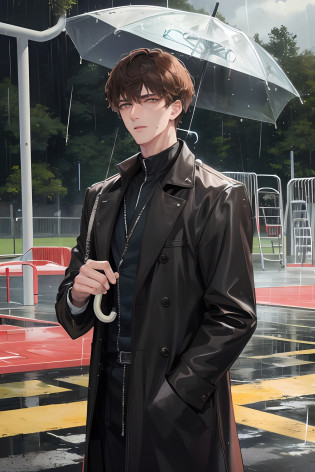 On the school playground, heavy rain, man hands out an umbrella, (high resolution, distinct_image) superb man, masterpiece, high detail, semi-realistic, brown short hair man, brown hair, short hair, medium hair, 18 years old, young, tall and strong, blackened coat, gray-blue clothes, students, college, dashing, natural, handsome, authoritarian, powerful aura, exquisite facial features, facial details, man standing on a huge playground, the sky is raining heavily, rain mixed with sweat on the man's body, school playground, The background is on a plastic track