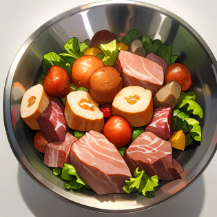 Natural food for dogs, in a stainless steel bowl, full of vegetables, greens, fruits and meat