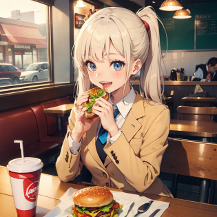1 beauty,??:1.2, High school girl 18 years old, Watery Big Eyes?blazer and tie, (Happy smile)?long eyelasher, Blushlush,Platinum Blonde Perm Hair,At the table in a fast food restaurant, (Smiling and opening mouth wide to eat a hamburger), ((Gnawing on a grabbed hamburger with both hands)),(Eat cleanly)