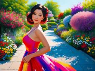 The painting is rendered in high resolution, with every detail of the woman's face and dress painstakingly depicted. The colors are bright and vivid, with a mix of bold and subtle hues that bring the garden to life. The brushstrokes are loose and expressive, with a sense of movement and energy that echoes the woman's youthful spirit.