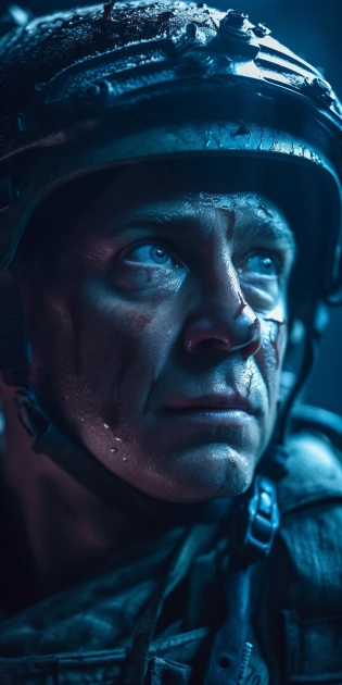 Volod�mir Zelenski as soldier from the future, moon light, lights of war behind, emitting blue light, shallow depth of field volumetric lighting, cinematic, intricate detail, ultra-realistic --chaos 5 --v 5 --s 750 --ar 12:24