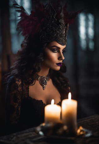 Mujer, Long dark purple hair, ojos rojos con una luz brillante, vestido largo abierto negro, bruja, Joyas de plata en forma de costillas, Metal mask on half of the face, Black lipstick young witch looking at camera, de cuerpo entero, hermosa, imagen superrealista, detalles en cara y piel. fondo oscuro estilo fluo y velas encendidas