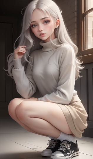 a woman in a casual clothing, white long sleeve woolly sweater and circle skirt ,converse shoes, 17 years old, adult face, shoulder length slightly wavy hair, ((mix of deep taupe and taupe grey coloured hair)) and gleaming detailed vibrant grey eyes, slim frame, small breasts, long legs, beautiful face, small butt size, small feet size, small hand size, perfect hands, scary face, beautiful face, pretty face, hot woman, British woman, cream skin, small soft pink lips , small breast size, sharp features, slim hourglass figure, ashen hair, soft features