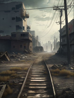 The Araffed train tracks pass through a deserted city?There are buildings, bleak apocalyptic environment, Post-apocalyptic street, Post apocalyptic scenario, post - apocalyptic city streets, post - apocalyptic wasteland, post apocalyptic atmosphere, Post-apocalyptic view, post apocalyptic district, post apocalyptic landscape, post - apocalyptic city, in a post apocalyptic city, in a post-apocalyptic wasteland, post apocalyptic wasteland