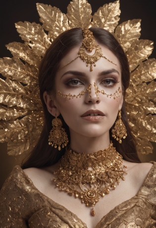 woman dressed golden and gold makeup,in the style of skull motifs,covered in luxurious jewelry, jewelry, luxury, dark white and dark bronze, jewelry by painters and sculptors,high details,realistic,ultra intricate detailing, 8k, Cinematic Lighting, cinematic