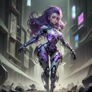 Rarity Cyborg Girl, Rarity of My Little Pony, Bio Organism, Not Human, Mechanical Parts, Curled Hair, Lush Hair, Long Hair, Bionic Body Parts, Missing Skin, Completely Cyborg, Cybernetic Organism, Mnhpnic Arms, Mechanical Legs, Red Glowing Eye, Full Growth, Full Body, Very Detailed, Ultra 8k Quality, Broken Parts, Holes in Mechanisms, Not a Living Organism, City Ruins, Lots of Purple and White,  purple lighting, rhinestones and diamonds, amethyst earrings, lots of magic