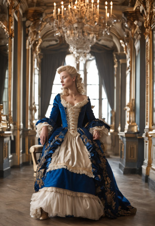 A blonde woman in a dark blue dress sits on a chair in the palace, rococo queen,  historical baroque dress, aristocratic clothes, rococo fashion, ornate royal gown, wearing a noblewoman's outfit, Rococo dress, intricate costume design, in a fancy elaborate dress, royal robe, 1 7 th century duchess, baroque dress?Plump and large breasts?ssmile?Gorgeous appearance