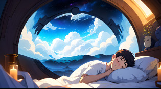 cartoon-style artistic image depicting a young boy in a deep and peaceful slumber within his cozy room. He sleeps with his eyes closed and lies down beneath a whimsical cloud portal, which is the centerpiece of the scene. Inside the cloud portal, vividly illustrate a friendly and imaginative space scene