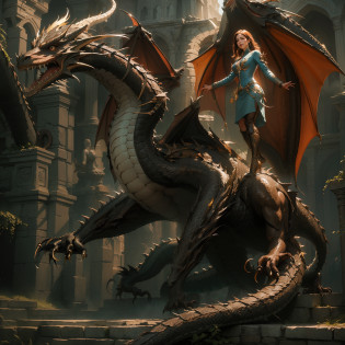(Numerous award-winning masterpieces, with incredible detail, textures and maximum detail), (hyper realistic:1.4), (european style black dragon), (european style red dragon), (european style dark brown dragon),  (Dragon Tamer and European style dragon 2 shot full body photo: 1.8), (realistic:1.3), (upper body up:0.3), (best quality real texture skin), (finely detailed true circle eyes), (finely Detailed and beautiful face:1.6), ((medieval world)), (dragon tamer:1.6), (big trained european style dragon: 1.8), (Full-length portrait:1.5), (Dragon's eyes glow strongly from the inside), (tamer has joy in her eyes and a happy smile on her face: 1.3), (Dragon Tamer and European style dragon 2 shot full body photo: 1.8), (Dramatic Light), (A majestic sight), (simple, small whistle of fine workmanship hangs from the trainer's neck), (european style dragon with big wings behind shoulder: 1.8), (Tamers wear sturdy leather armor with elaborate patterns: 1.2), Earrings with a sacred atmosphere of refined craftsmanship, Followed by little european style dragon behind, (((dramatic photo))), ((dramatic pose)), (flamboyant photo), ((looks up)), ((looking down)), (gives full-body standing image:1.5), Old ruins infested with plants, great temple, great cathedral, great shrine, temple ruins, detached temple, Ruins of an ancient castle, Deserted ruins, crumbling ruins, Ancient ruins with clear water, wavelets, running water Shining majestic cloud masses and sky, epic realistic, faded, art, (Greg rutkowski:0.8), (teal and orange:0.4), (art station:1.5), cinematic, ((neutral colors)), (hdr:1.5), (muted colors:1.2), hyper detailed, dramatic light, (intricate details:1.1), complex background,