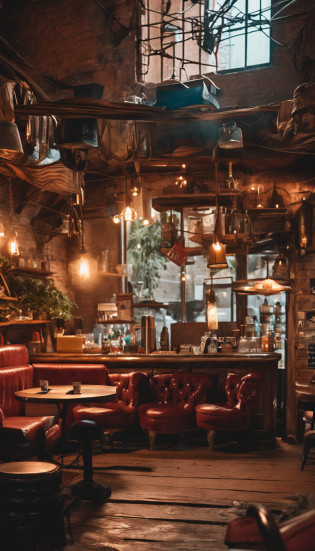 A group of friends having fun in a barbershop, sitting in rustic wooden waiting chairs, talking and having drinks, rustic colors.