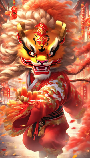 Cantonese traditional culture, China?1girll?lion dance?Awaken the lion?characteristic?The facial features are delicate and beautiful?The black and red lion head is worn on the head?Dance the lion's head dance with both hands?jubilation?