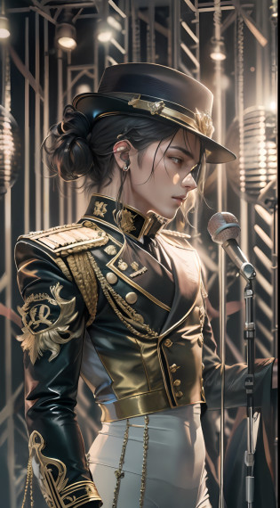 Handsome guy concert?tmasterpiece?8K?high definition resolution?cinmatic lighting?theater?lamplight?perform?cool guy?((microphones:1.5))?Concert?performance?Fashionable clothes?singers?idoly?hyperdetailed face, ((Ultra-detailed)),((Delicate face)),(high light,Gradient hair), com rosto detalhado, Detailed eyes, ??????((Ultra-detailed)),((Delicate face)), Beautiful detailed eyes,GSHea?Look at the viewer, ((Distant view)), Strong light and shadow, Cinema lenses?tmasterpiece?Super quality?theater stage?Handsome guy in leggings sings through microphone on stage,  Wear stage costumes,  singing on stage,Stylish lenses?Handsome guy in gold, Handsome guy with shoulder pads,  wearing black uniform, he is a rockstar,  regal pose, Gold accents, Michael Jackson's style, gilded black uniform