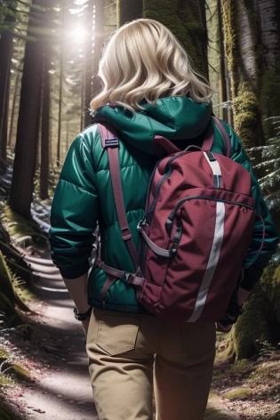 A real photo of a blonde instagram influencer taking a hike in the woods on a sunny warm day ultra real <lora:LowRA:0. 5> <lora:hipoly_3dcg_v7-epoch-000012:0. 5>