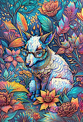 a drawing of a brown goat sitting in a field of flowers, bright fauna, colorfull illustration, cute detailed digital art, cute detailed artwork, highly detailed illustration, vibrant high contrast coloring, in style of digital illustration, highly detailed vector art, highly detailed illustration.�, bright colors highly detailed, wildlife drawing, highly-detailed illustration, wildlife illustration, add blue and red color glasses.