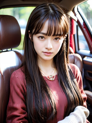 16 year old girl with perfect face and big breasts, thin face, thin eyebrows, right hand and hair, brown hair, mushrooms, bob, slim and slender physique. The skin has detailed and highly detailed eyes (1.1 emphasis), very detailed skin texture (1.1 emphasis), necklace, model photo style, photorealistic, skin texture is real human skin texture, detailed skin pores, intricate details, eyes are very detailed, long sleeve red knit sweater, red knit sweater, knitted colorful!!!?! dream knitted sweater, highly detailed knitted sweater, from the knee up, attractive sexy little bit, smile, strong smile, car, in the car, passenger seat, cute pose --s2