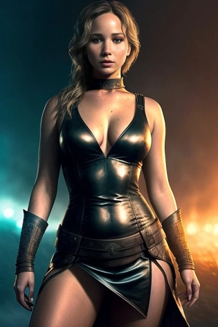 Jennifer Lawrence, halfway down the thighs portrait, erotic pose, (a woman:warrior), dress, night, cinimatic light, dark background, (foggy background, epic realisticm rutkowski, hdr, intricate details, hyperdetailed, cinematic, rim ligt, muted colors:1. 2), UHD, 8K, details