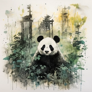 Constructivism painting of beautiful panda in banboo forest, himalayan art, ukiyo-e, chinese ink painting, experimental use of color, trace monotone, split toning --ar 1:1