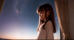 Create an image of a young girl named Mia, standing at her bedroom window, gazing up at the night sky filled with bright stars. The room should be cozy and inviting, with a sense of wonder in the air. Mia's eyes should be wide with awe as she watches a shooting star leave a trail of stardust.