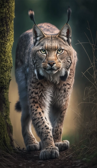 lynx stalking its prey, front view, front facing, stealthy, forest background, dof, award winning wildlife photography, photorealistic, 8k, highly detailed, anatomically correct, legs render, low angle, 70mm, 16 megapixels, natural light --ar 9:16 --q 4
