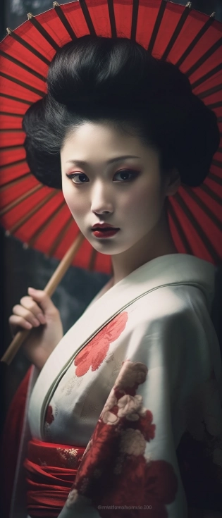japanesian geisha beautiful image wallpaper, in the style of joel robison, light white and dark crimson, samyang af 14mm f/2. 8 rf, classical figurative realism, 500�1000 ce, sculpted, anime-influenced --ar 9:21 --quality 2 --s 750 --v 5. 1