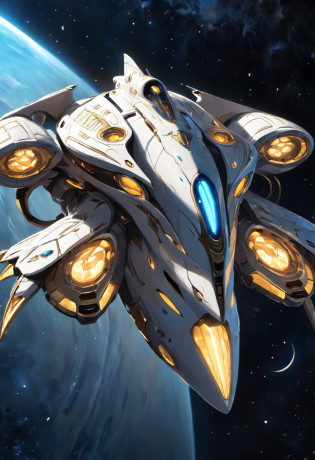 ivory white and gold plated starship like the starcraft protoss, spaceship with two wings flying in the sky at night, dark ( spaceship ), scifi spaceship, cartoon fantasy spaceship, futuristic spaceship, alien space ship flying in space, spaceship far on the background, spaceship in dark space, futuristic starship, detailed spaceship, spaceship, space ship in space, legendary space ship, big weird spaceship, small starship near, space ship, top down view